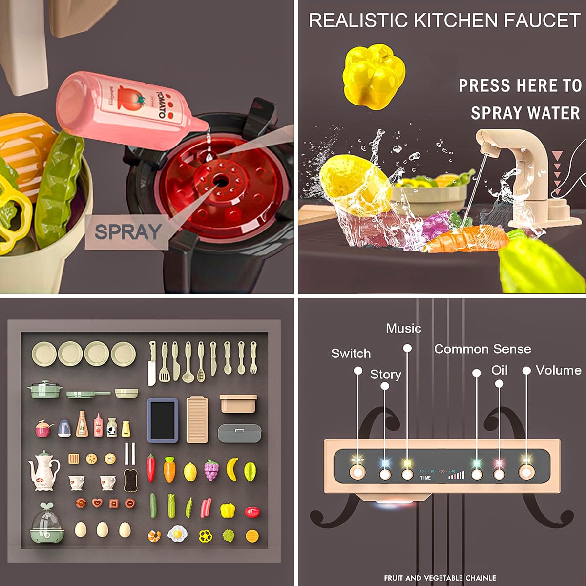 Play Kitchen - Kitchen Playset Pretend Food - Toy Accessories Set w/Real Sounds & Light, Play Sink, Cooking Stove with Steam, 65