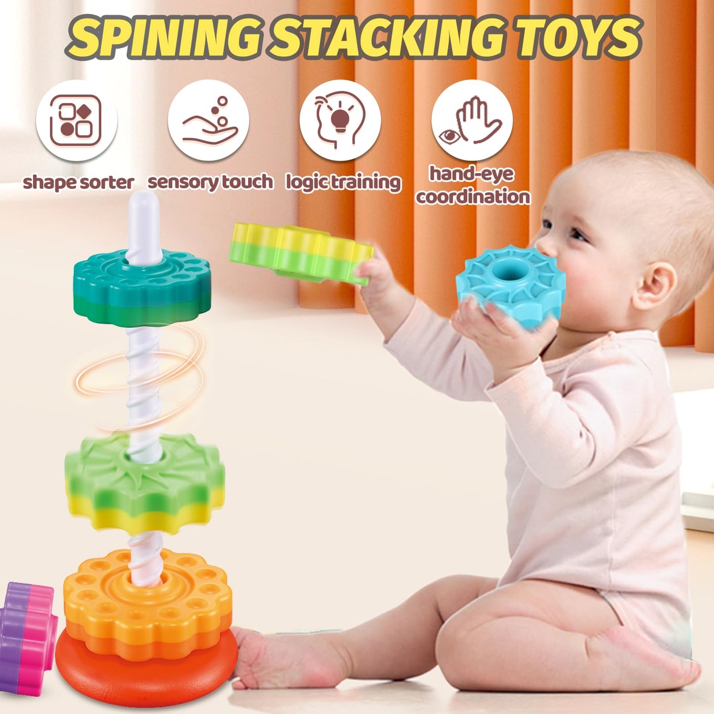 GKKBSJ Baby Spinning Stacking Toys for Toddlers 1-3 Spinner Ring Stacker Montessori Toys for Babies 6-12-18 Months Autism Sensory Learning Toy 1 2 3 Year Old Girl or Boy Christmas Birthday Gifts