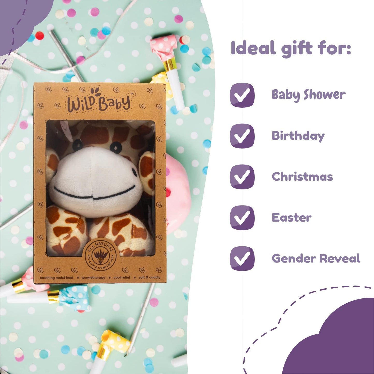 Wild Baby Giraffe Stuffed Animals, Warmie For Kids, 10 Inch, Microwavable, Heatable Clay Beads, Squishmallow Plush Pal With Dried Lavender Aromatherapy, Soft & Cuddly, Kids Gifts Box Ready