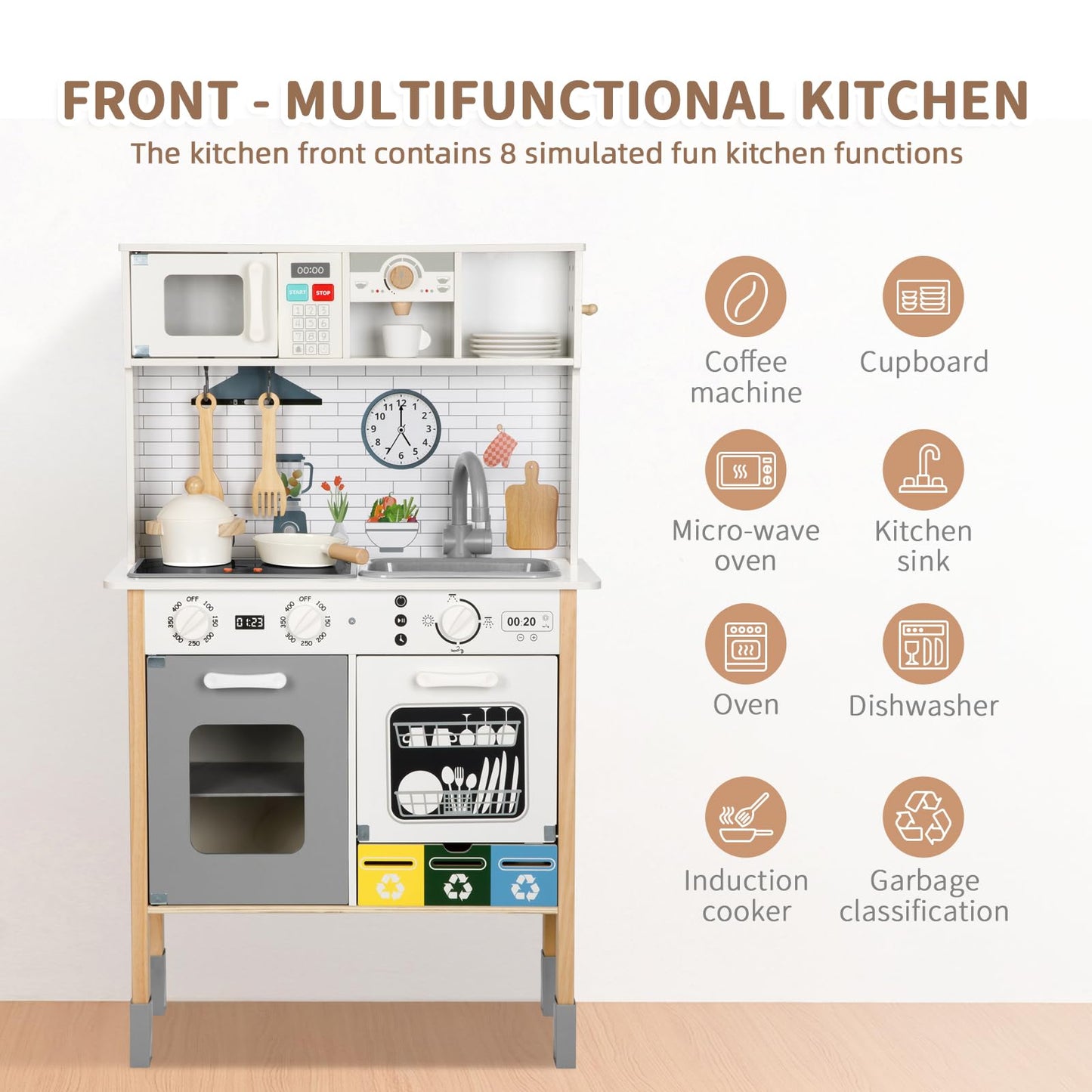 OOOK Kids Kitchen Playset with Garbage Classification, Wooden Pretend Play Kitchen with Sound and Light, Kitchen Set for Kids Eq