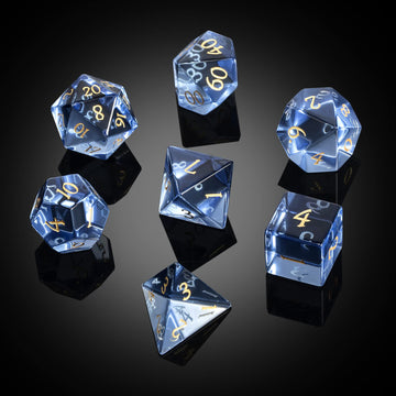 Glass DND Dice Set DNDND 7 Piece Zircon Dice with Great Gift Box for D&D Dungeons and Dragon Tabletop Game (Blue Glass with Gold