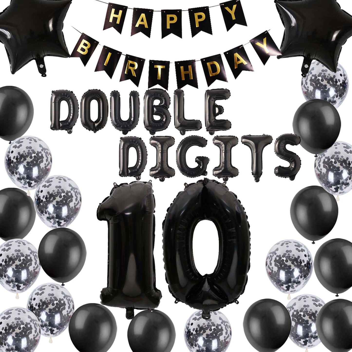10Th Birthday Decorations For Boys, Double Digits 10Th Birthday Decoration, Black 10Th Birthday Banner Number 10 Foil Balloons W
