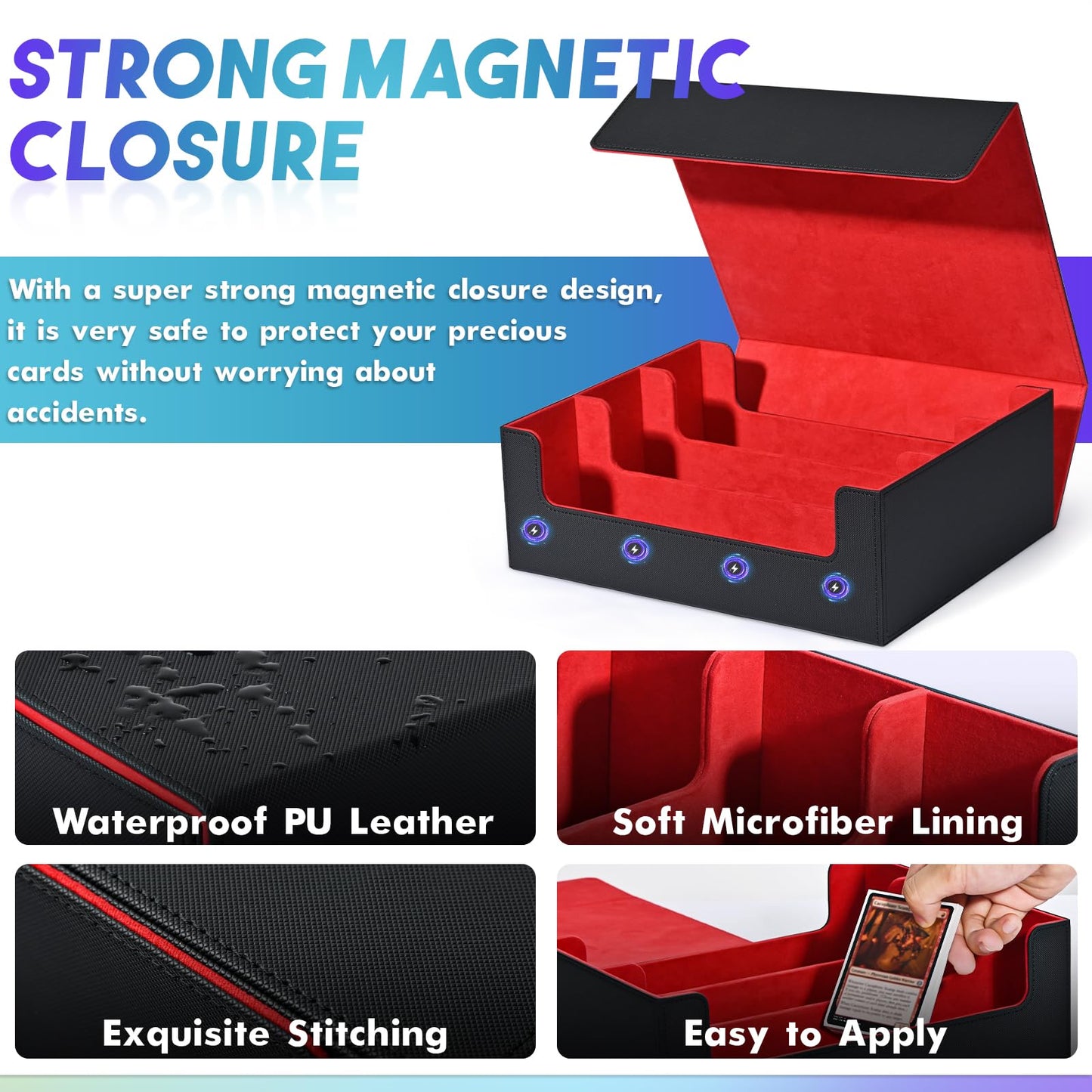 Uaono Card Storage Box For Trading Cards, 1800+ Pu Leather Commander Card Deck Case, Magnetic Closure Card Holder Fits For Magic Game Cards(Black&Red)