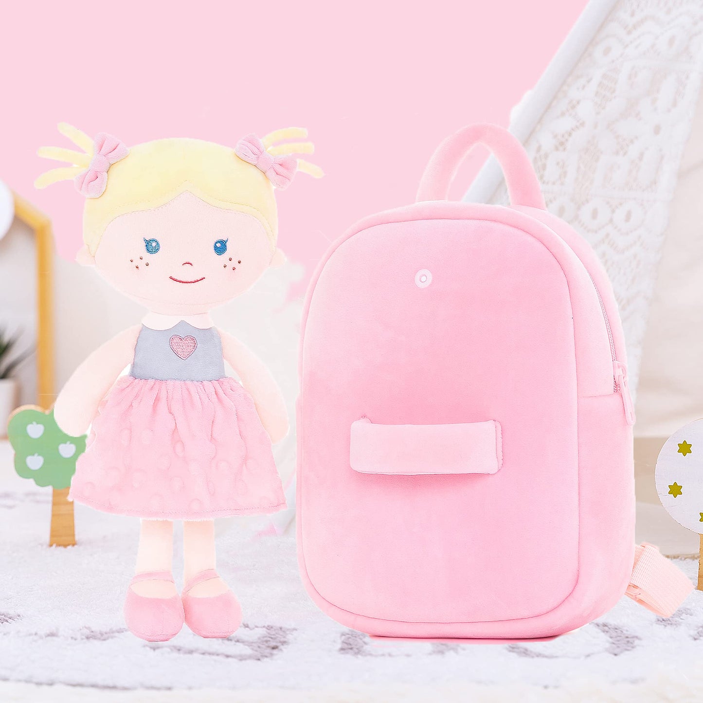 Onetoo Toddler Backpack Kids Backpacks With Soft Light Baby Dolls In Pink Polka Dots Dress 9.5'