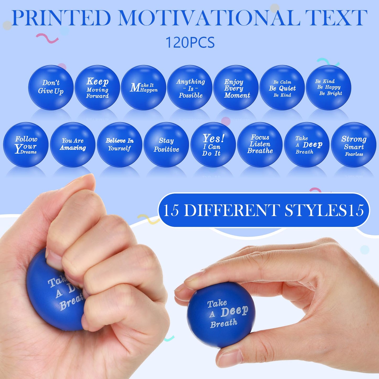 Poen 120 Pcs Motivational Stress Balls Bulk 1.57 Inch Foam Squeeze Sensory Stress Balls Inspirational Relief Toys for Anxiety Fi