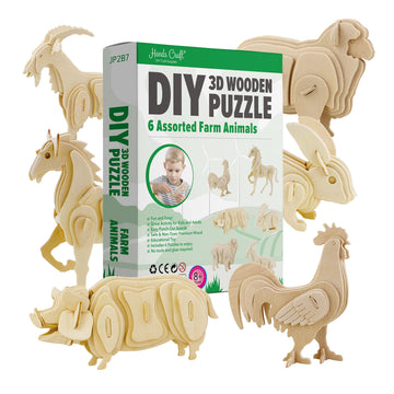 Hands Craft Diy 3D Wooden Puzzle – 6 Assorted Farm Animals Bundle Pack Set Brain Teaser Puzzles Educational Stem Toy Adults And Kids To Build Safe And Non-Toxic Easy Punch Out Premium Wood Jp2B7