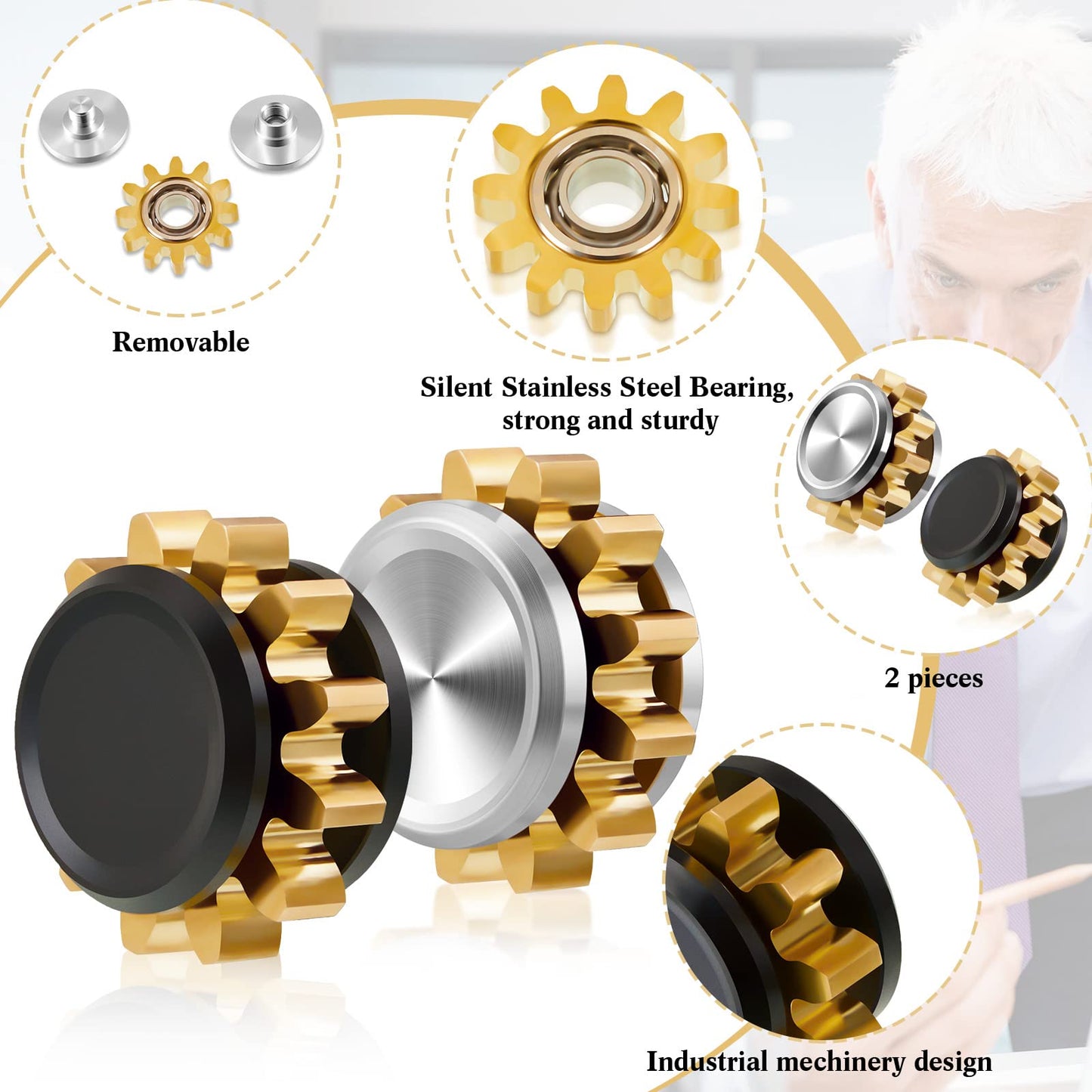 2 Pieces Copper Gear Metal Spinner Toy Small Fidget Toy Solid Metal Brass Gear Mini Steel Bearing For Adults Copper Gear Design Boredom Killing Time Toys (Black, Silver, Gold)