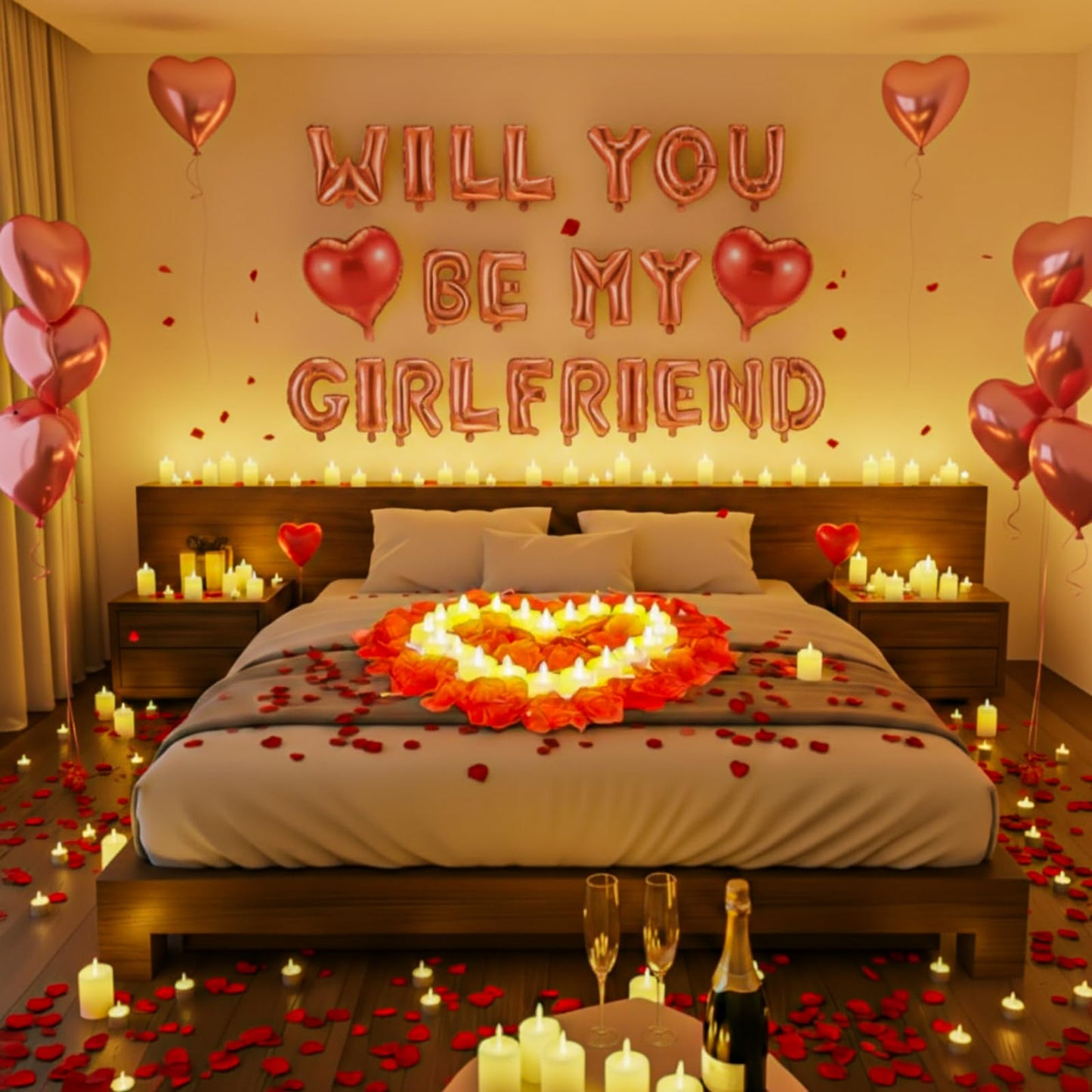 HyDren 18 Will You Be My Girlfriend Balloons Letters Kit Include Heart Shaped Balloons and LED Tealight Candles with Rose Petal