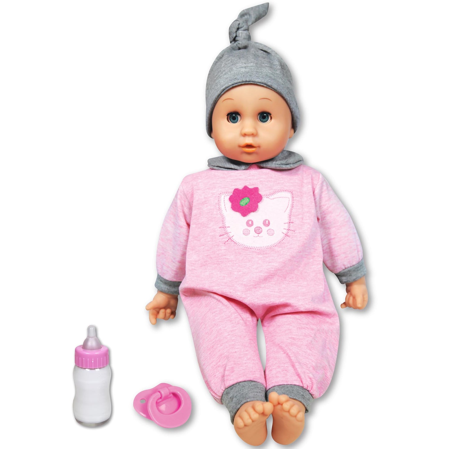 Lissi: 16 Blinking Eyes Baby Doll Cecilia - Pink-Pink- Kitty Outfit - Interactive, Sounds-Words-Expressions, Bottle & Pacifier A