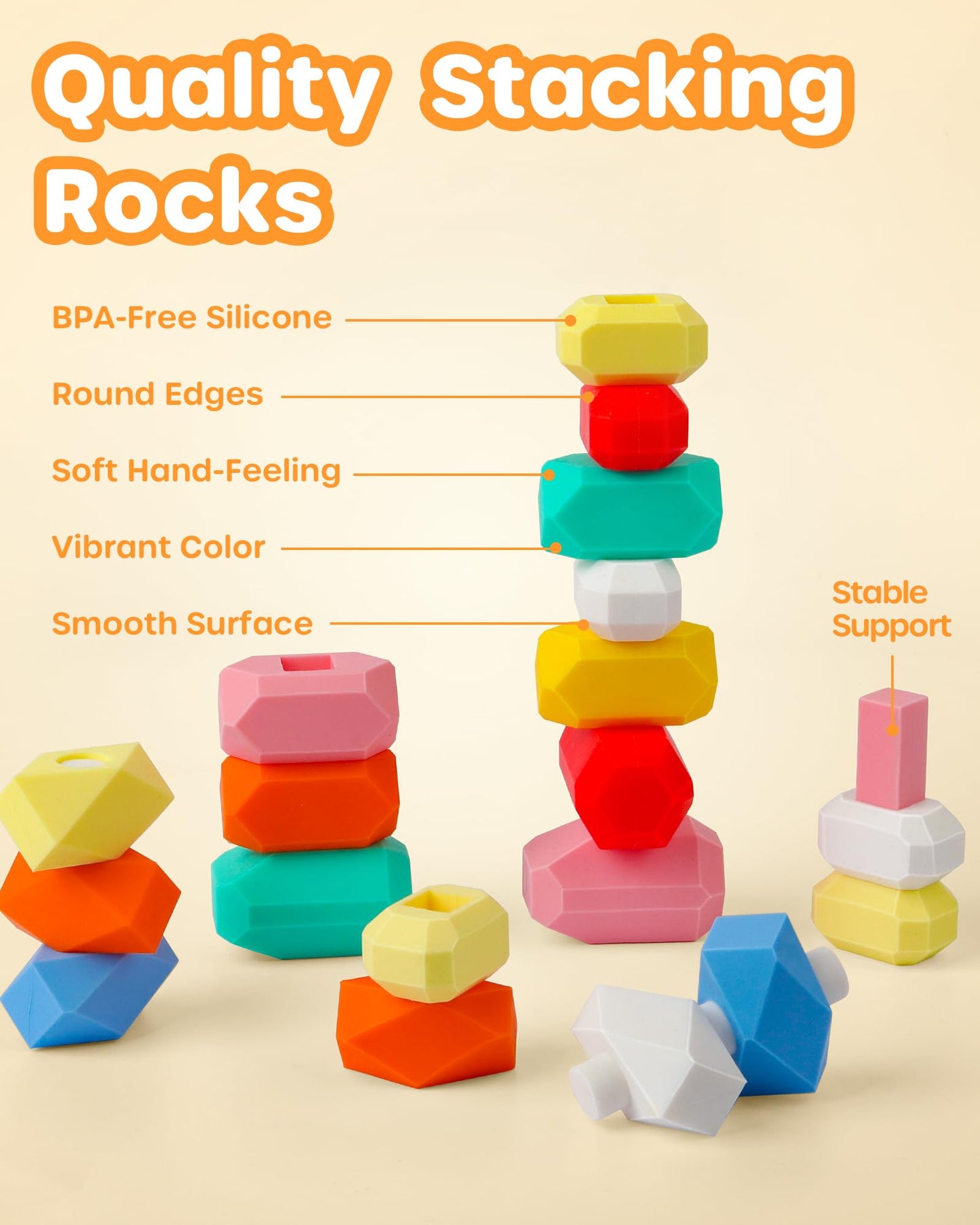 D-Fantix 39 Pcs Silicone Sorting Stacking Rocks Stones, Sensory Learning Montessori Toys For 3 4 5 6 Year Old Kids, Educational