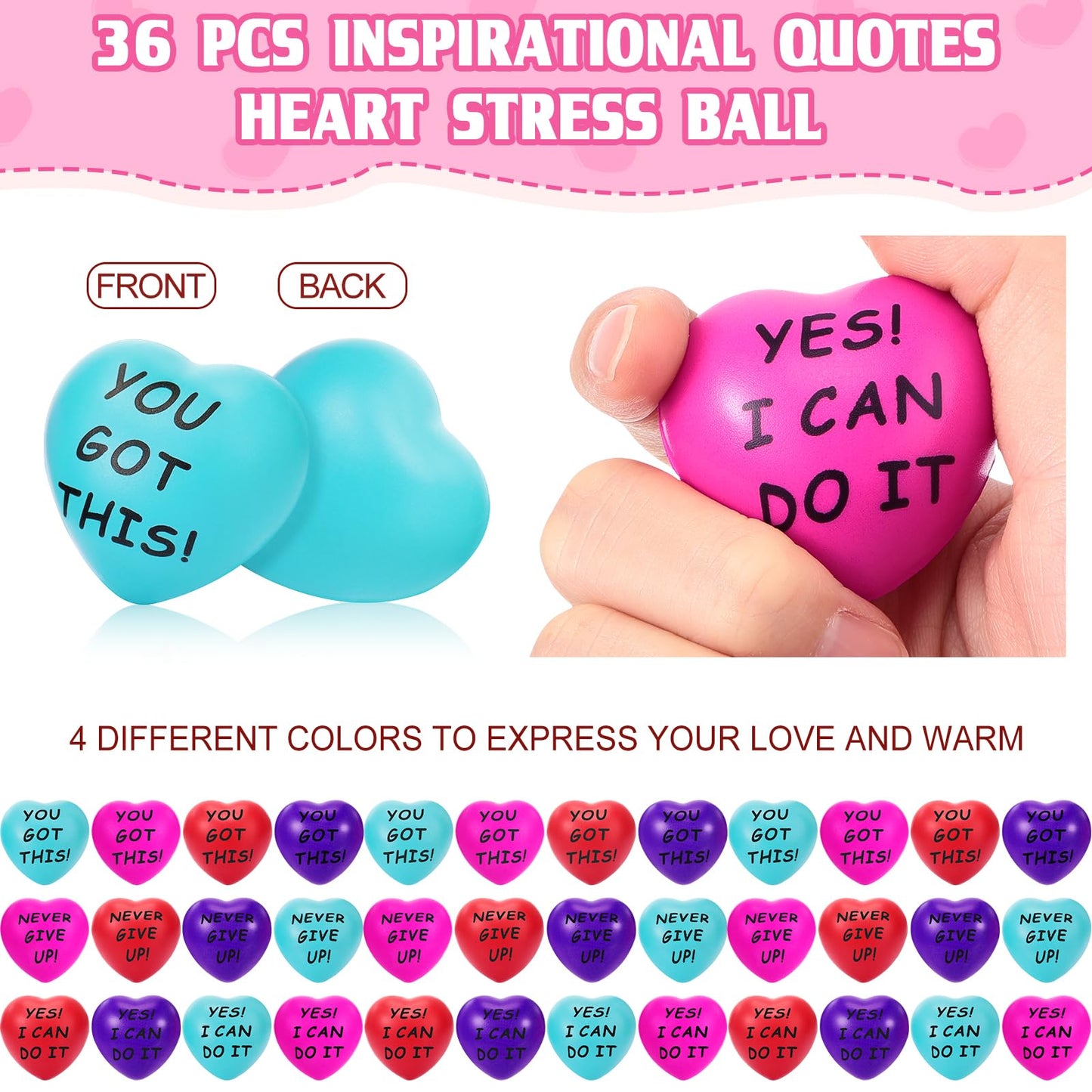 Tradder 36 Pcs Heart Stress Balls Appreciation Heart Shaped Foam Balls Motivational Stress Balls Relief Gifts Bulk For Kids Adul