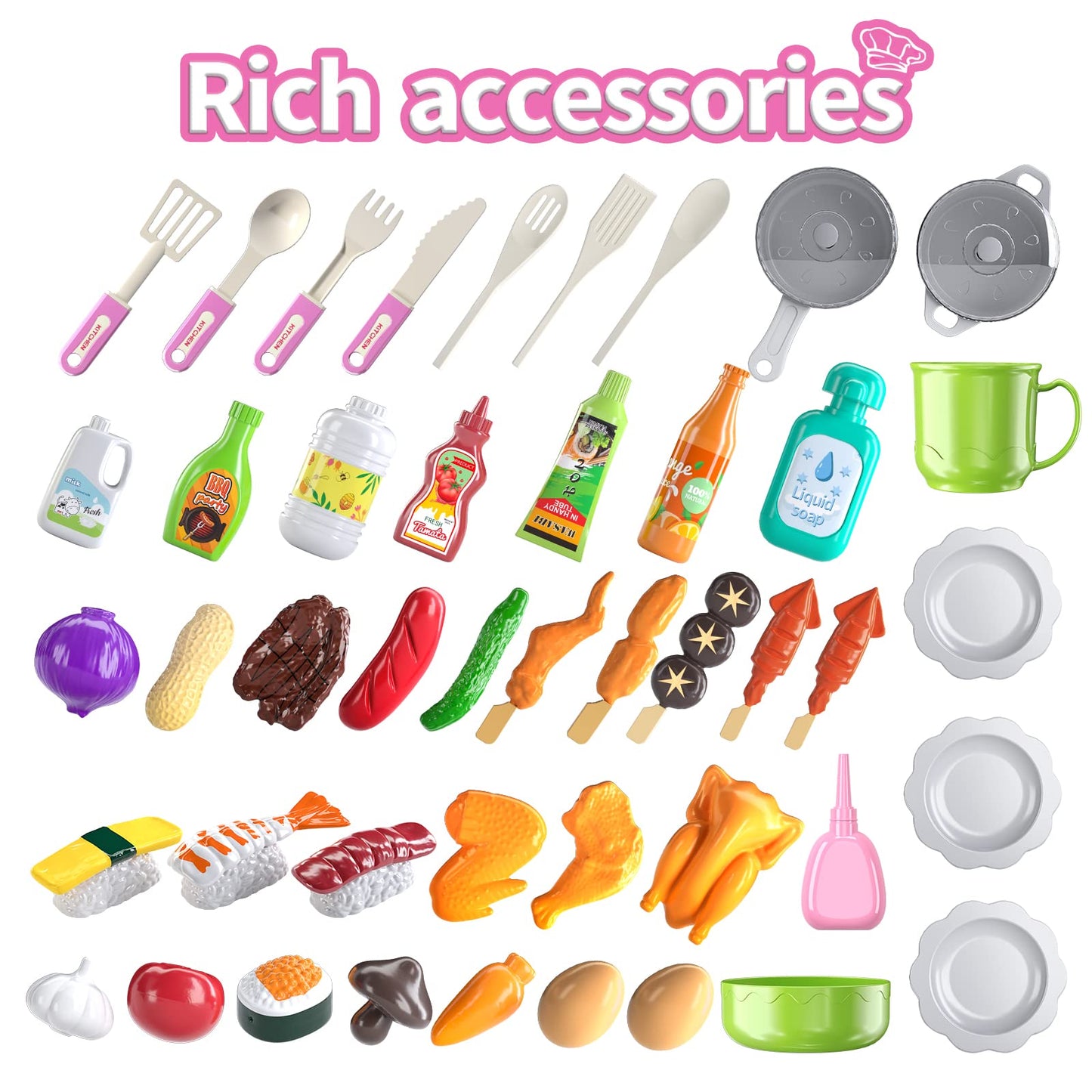 Temi Kitchen Playset For Kids, Play Kitchen For Toddlers, 46 Pcs Kitchen Toy Accessories Set, Real Sounds And Light, Indoor/Outd