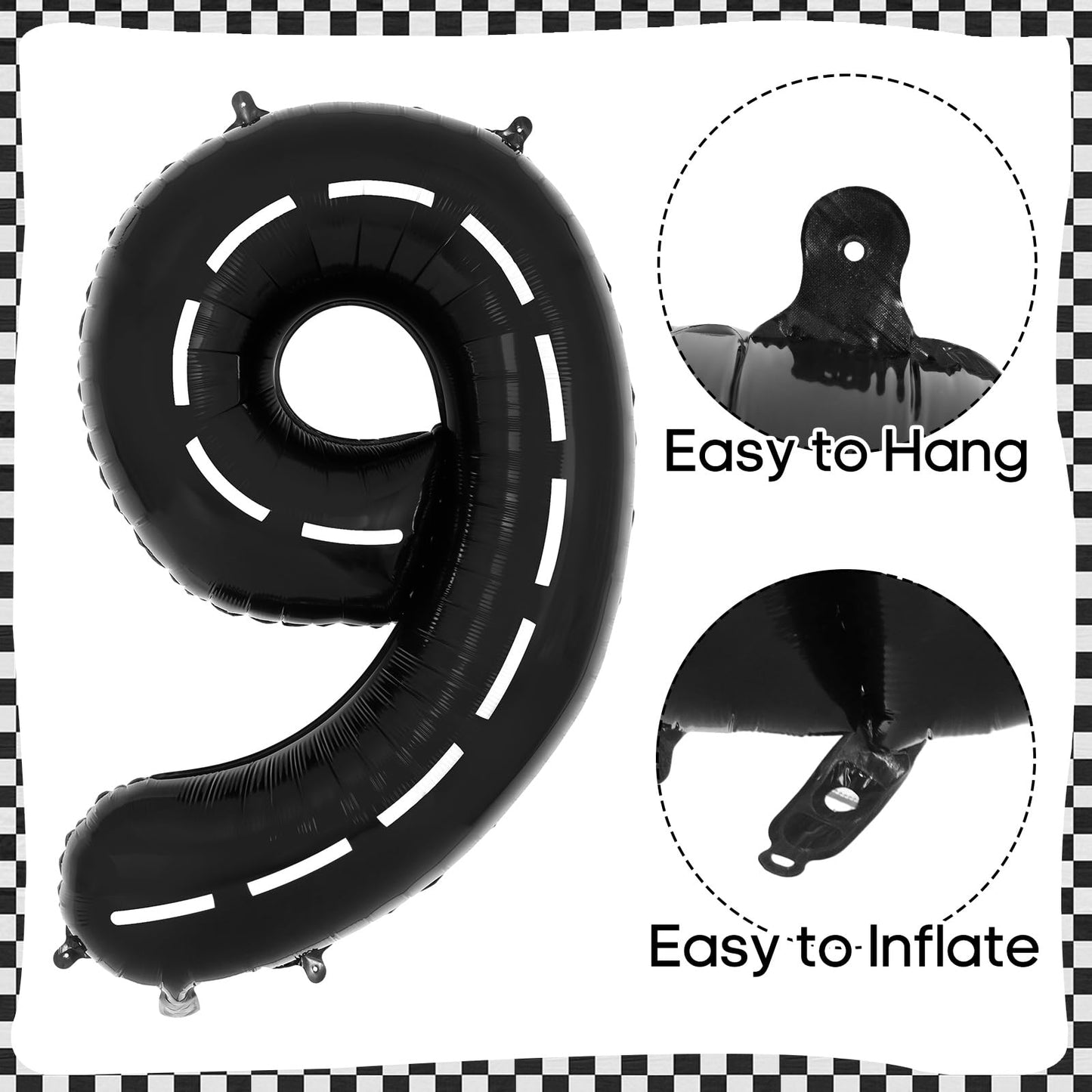 Race Car 9 Balloons, 40 Inch Racetrack Number 9 Balloon, Large Foil Mylar Racetrack Black 9 Balloon For 9 Year Old Birthday Race