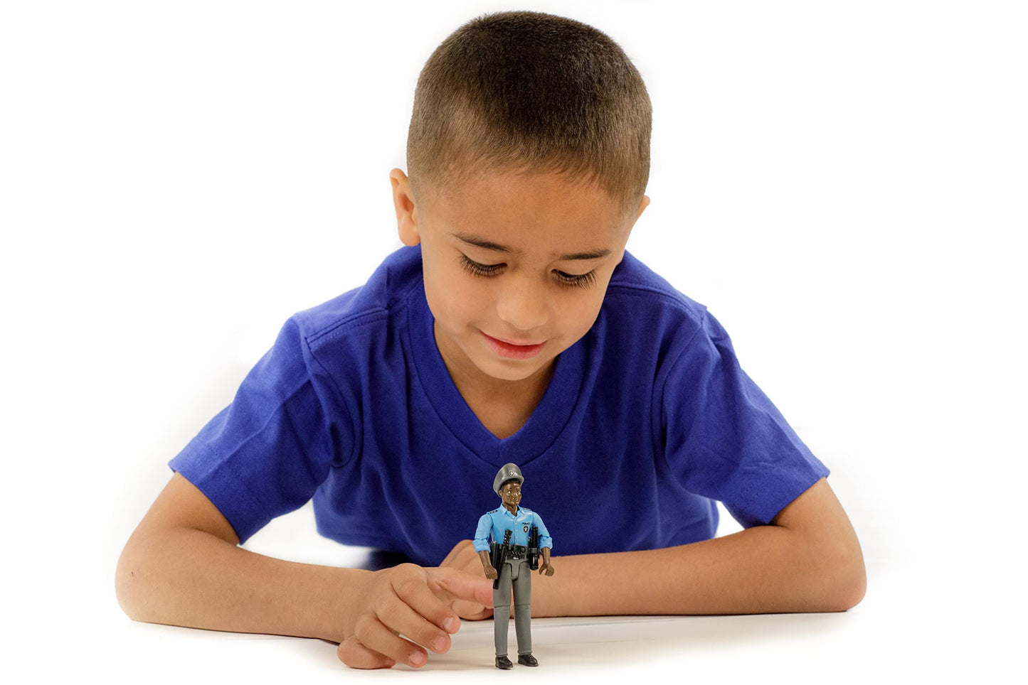 Bruder Policeman Action Figure, Dark Skin, Accessories, Model 60051, Blue, Made of Acrylonitrile Butadiene Styrene