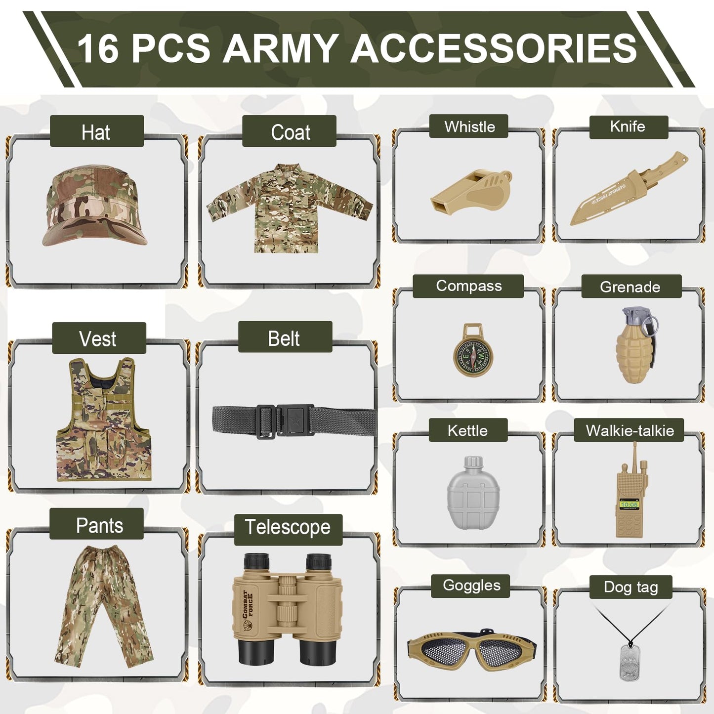 Toymni Army Costume For Kids, Boys Military Soldier Costume With Tactical Camouflage Vest And Army Toy Accessories Gear, Hallowe