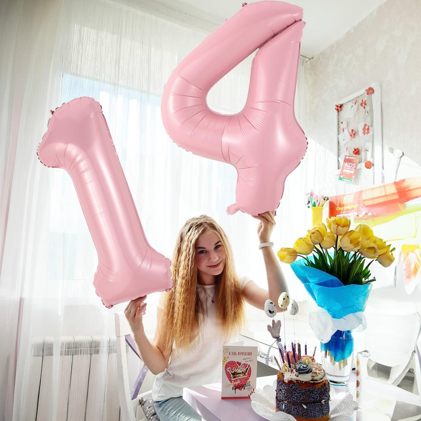 Large Pastel Pink 14 Balloon Number, Foil Number 1 & 4 Helium Balloon, 40 Inch Mylar Self Inflating Light Pink 14 Balloon Set Fo