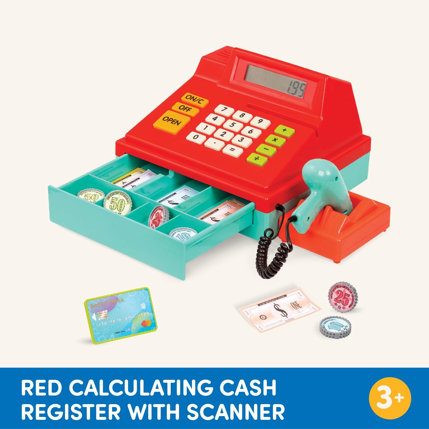 Battat Toy Cash Register for Kids - 49Pc Set with Money & Scanner - Red, Medium, Plastic, Model BT4681Z