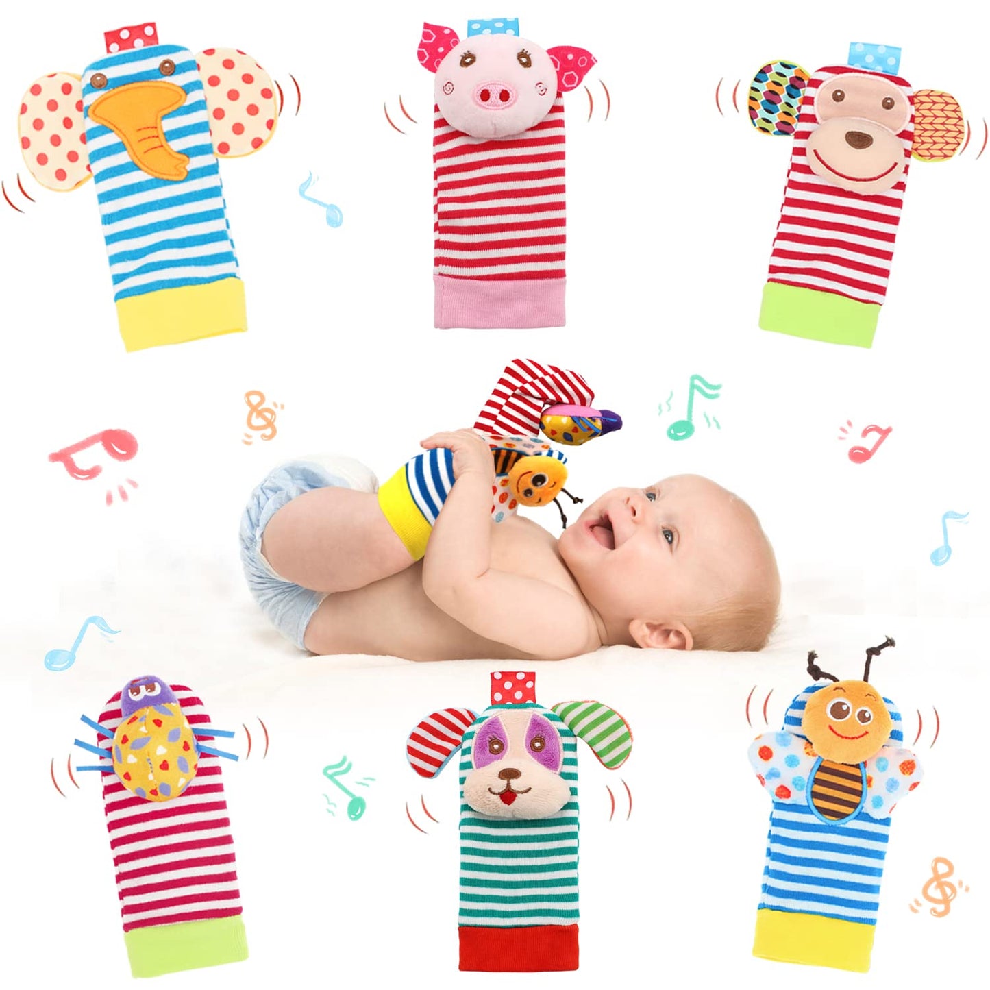 Bloobloomax Baby Infant Rattle Socks Toys, Sock Rattles For Babies 0-24 Months Baby Animal Foot Finder Learning Toy (Cotton C)
