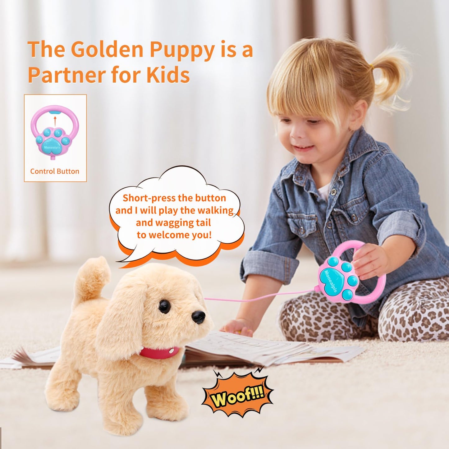 Monealpis Interactive Walking Dog Toy for Toddlers - Plush Golden Retriever, Singing & Barking, Perfect Gift for Kids Ages 2+