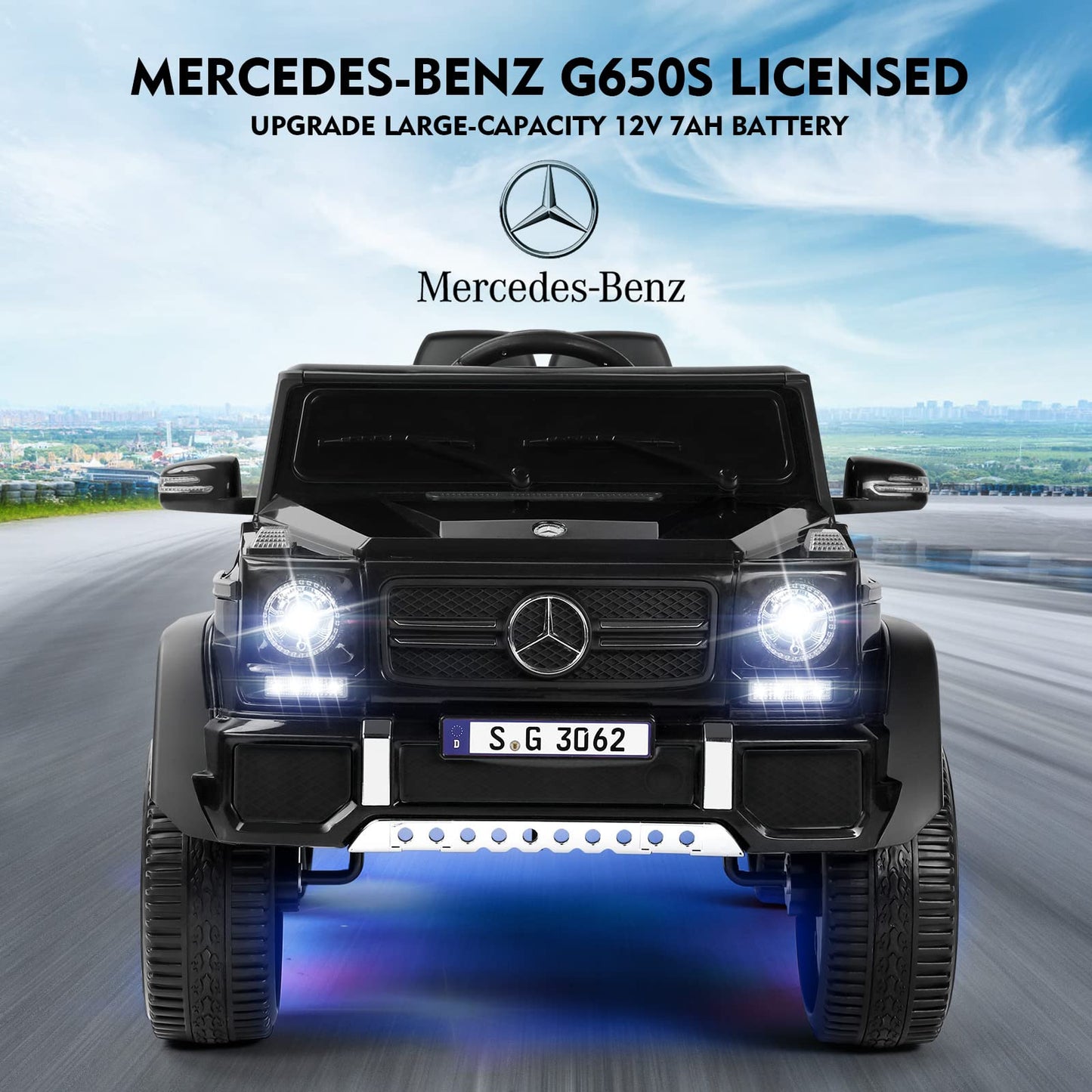 Joyldias Kids Ride On Cars, Licensed Mercedes-Benz Maybach G650S, 12V7Ah Battery Powered Toy Electric Car For Kids With 2.4Ghz Remote Control, 2 Motors, 3 Speeds, Lock, Music, Horn, Led Lights, Black