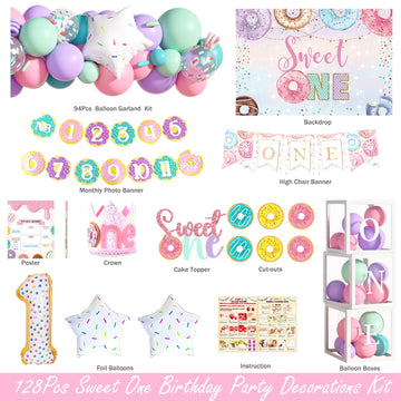 Hombae Sweet One Birthday Party Decorations - 128 PCs Donut Themed Birthday Party Supplies with Sweet One Backdrop, Donut Foil B
