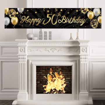 Happy 50Th Birthday Banner For Men Women Sign Black Gold Glitter 50 Years Old Birthday Party Decorations Supplies Anniversary Celebration Backdrop