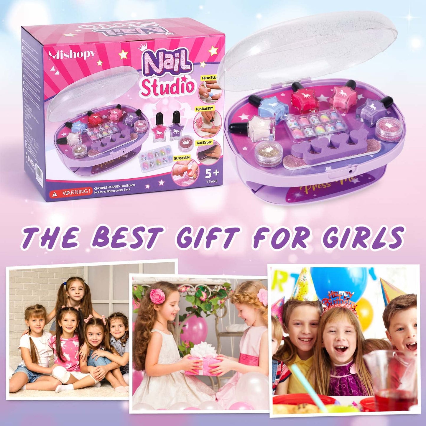 Golray Kids Nail Polish Set for Girls, All-in-One Nail Art Kit - Nail Dryer/ Nail Polish/ Glitter Powder/ False Nails/ Nail Deca