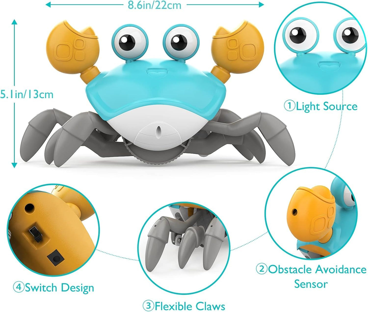 Pintreeland Crawling Crab Baby Toys With Music & Light, Tummy Time Interactive Toddler Toy Automatically Avoid Obstacles For Boys Or Girls (Blue)