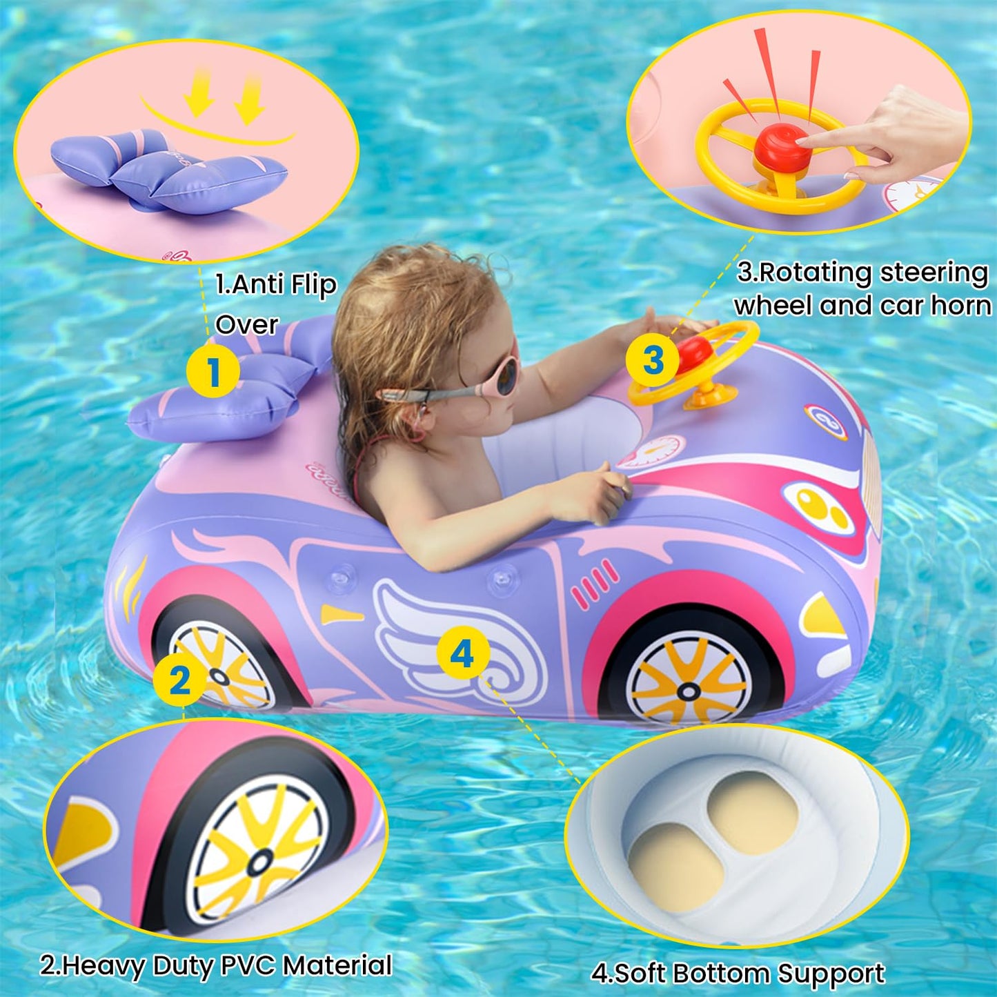 Baby Pool Float With Canopy 3D Car Thick Pvc Inflatable Baby Swim Pool Floats Seat Boat With Sun Shade Cover And Steering Wheel