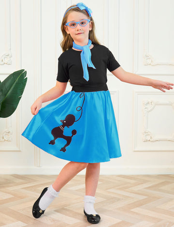 APRROOT 50s Costumes for Girls Poodle Skirts 50s Dresses Sock Hop Outfit Kids Girls Halloween Costume with Headbands, Glasses, S