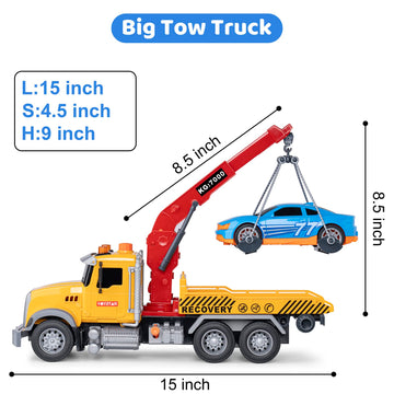 haomsj Big Tow Truck Toy with Hook and Car, Red, Pull Back Action, Light & Sound, 1:18 Scale, Durable ABS Plastic for Kids