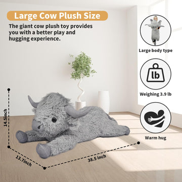 Wdxdsob Highland Cow Stuffed Animal - 38.5'' Grey Giant Cows Plush Toy Gift For Kids & Adults, Cattle Decorations Pillows Living