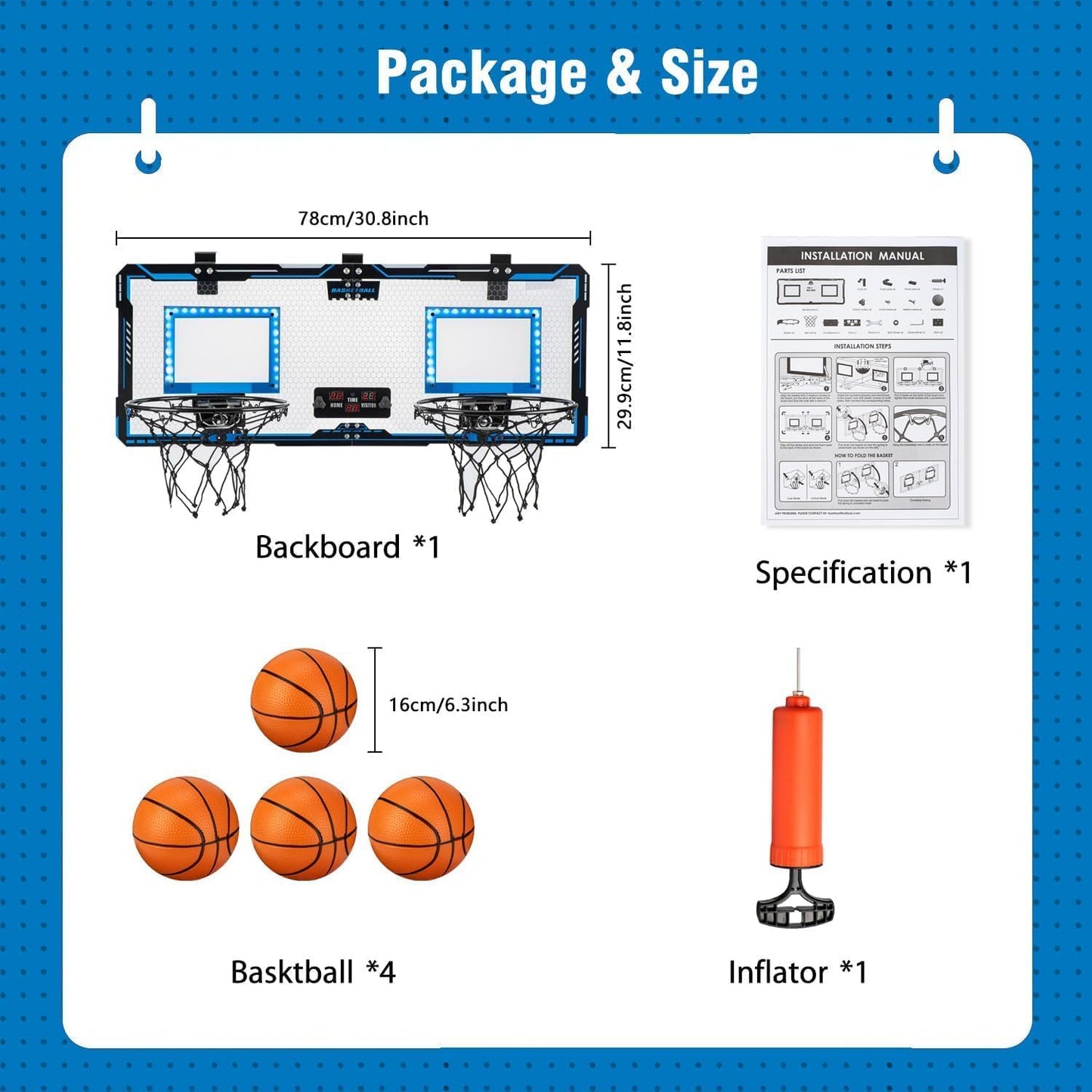 Vrogtik Indoor Double Shot Basketball Hoop - Over The Door With Led Light, Electronic Scoreboard, 4 Balls - Wall Mount Toy Mini