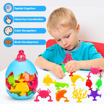 Toddler Suction Bath Toys, Ocean Animal Suction Cup Toys With Eggshell & Bag No Hole Mold Free Bathtub Shower Toy For Kids Senso