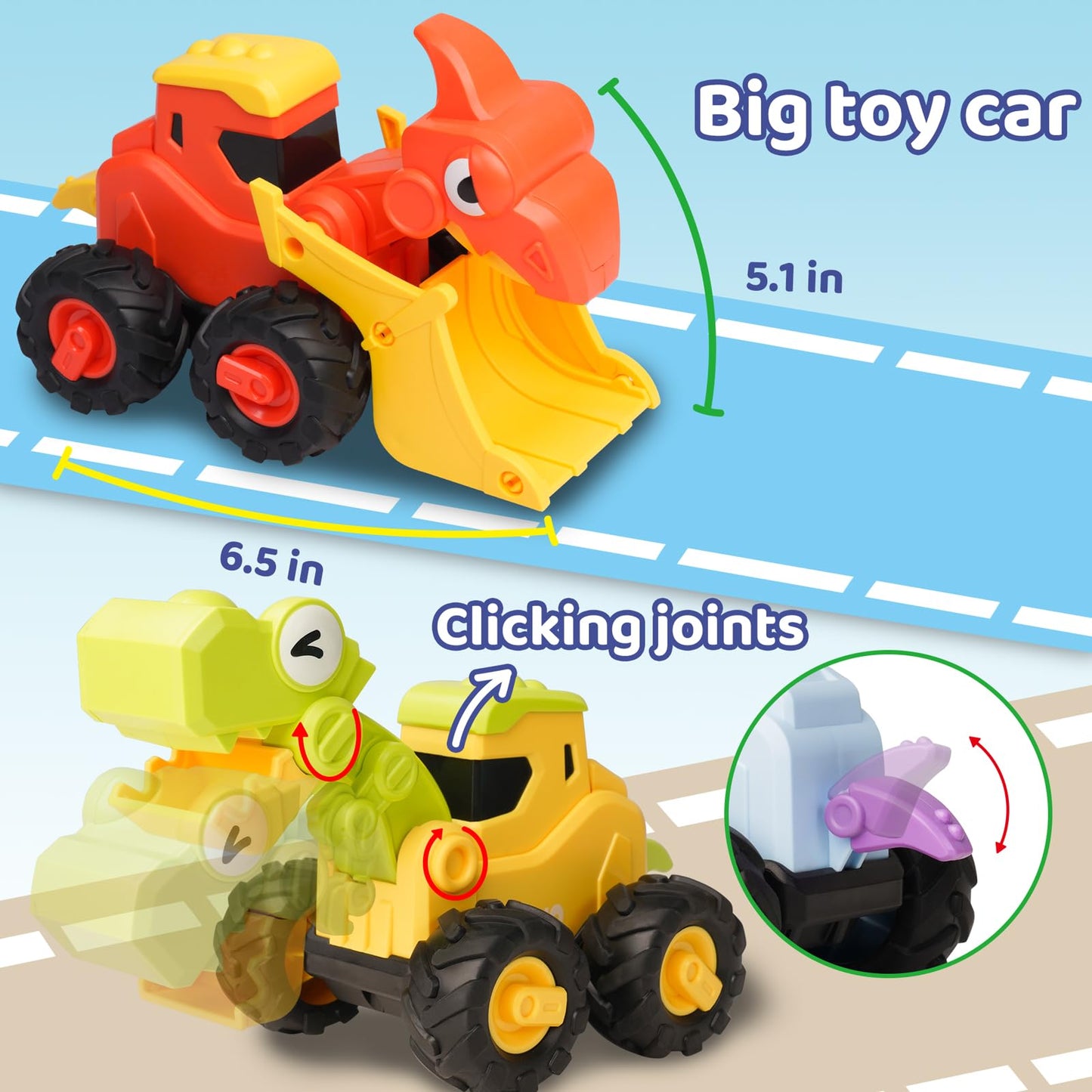 Likee Dinosaur Toy Cars For Toddlers 1-3 Boys, Large Construction Toys Truck For Kids 2-4 Birthday Gift, 4 Pcs Press Go Vehicles Playset, Push And Go Friction Racing Cars For 18+ Months Baby Infant