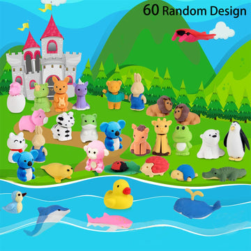 URSKYTOUS 60Pcs Animal Erasers - Assorted Rubber Desk Pets for Kids, Classroom Prizes, Game Rewards, Party Favors
