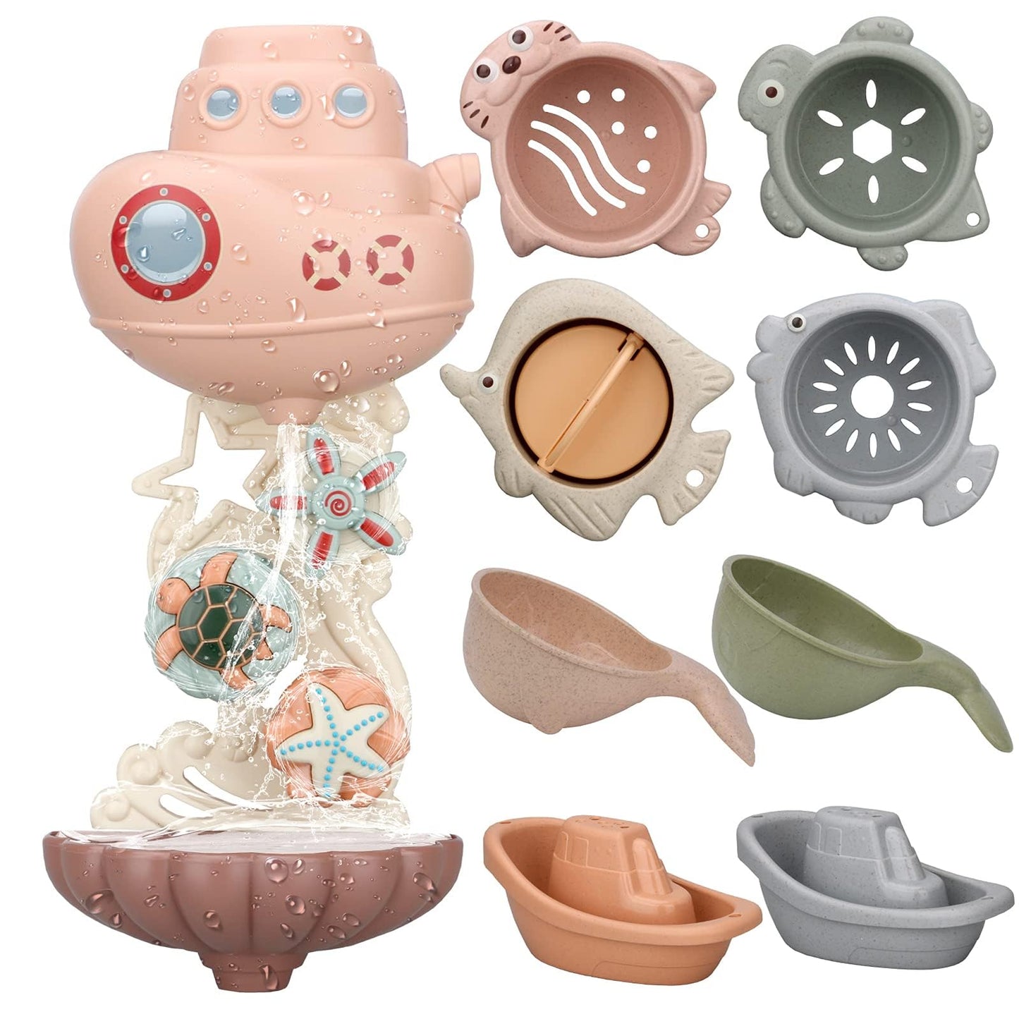 Lzzapj Baby Bath Toys For Toddlers 1-3 Year Old, Bathtub Water Toys For Kids Age 2-4, Contains 4 Stacking Cups, 2 Boats 2 Whale-Shaped Spoons, Gift For Infants Boys Girls 6-12 Months