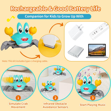 Mindpal Crawling Crab Baby Toy, Tummy Time Toys Sensory Toys, Boys & Girls Toys With Music Led Light, Dancing Walking Crab Monte