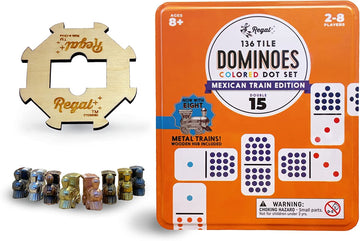 Regal Games Mexican Train Dominoes Set - Double 15 Colored Dot - 136 Tiles, 8 Metal Trains, Wooden Hub, Collector’s Tin - 2-8 Players