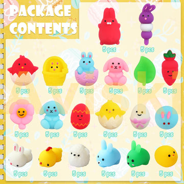 Aviski 100Pcs Easter Mochi Squishy Toys, Mini Kawaii Squishies Soft Fidget Toys Stress Squeeze Toys Party Bags Filler, Small Sto