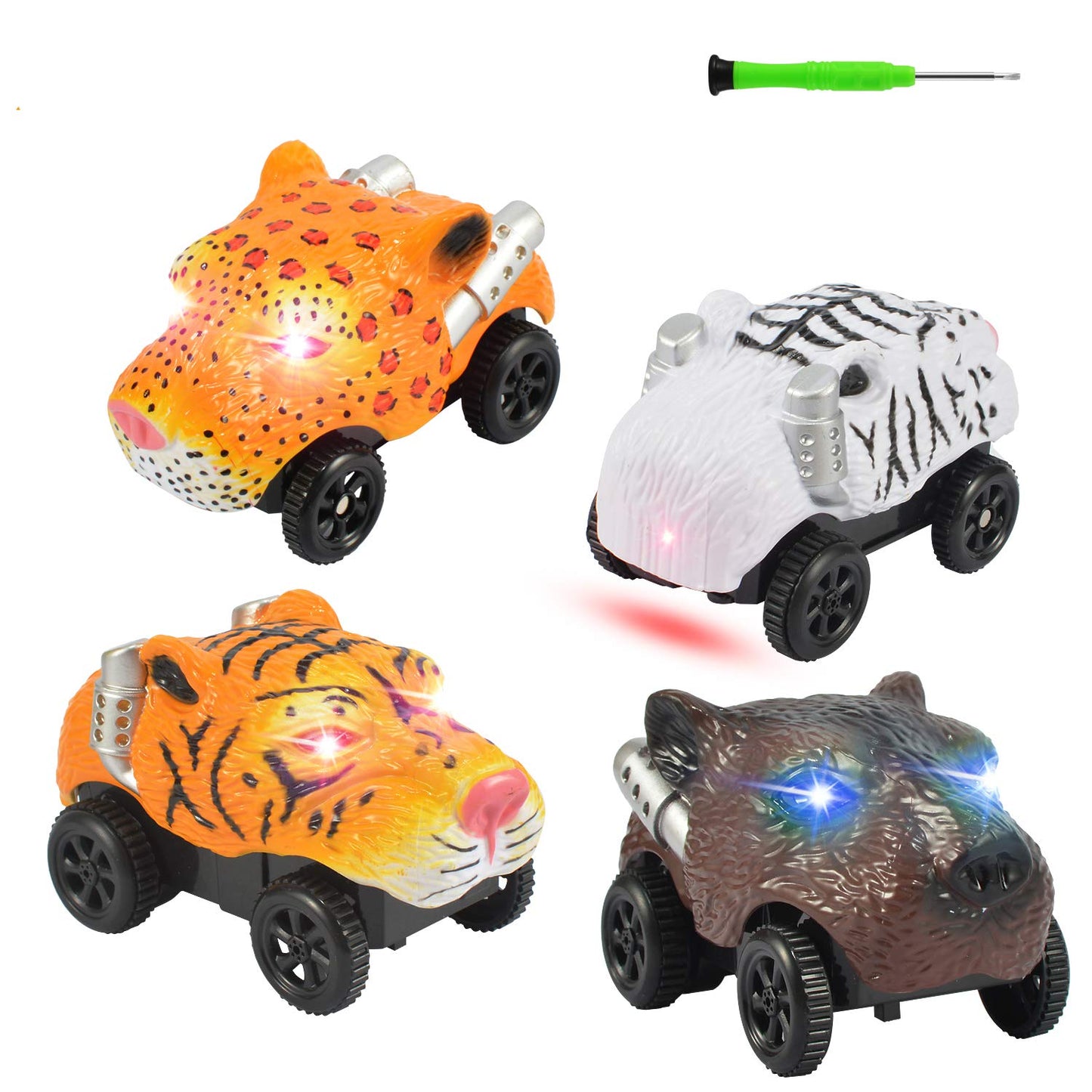 Unicorn Tracks Cars Replacement, Glow in The Dark Toy Cars for Kids, 4pack with 3 Flashing LED Lights