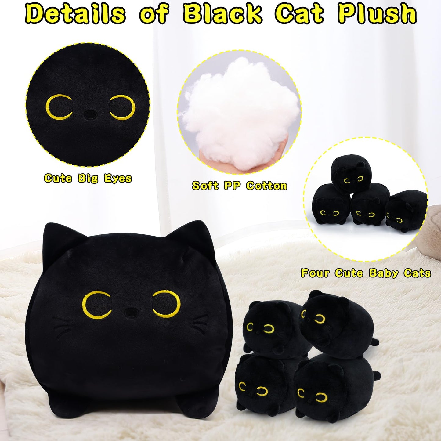 Lsydcarm Black Cat Plush, Black Cat Stuffed Animals Cat Plushie Toy, Mommy Cat With 4 Baby Kittens Kawaii Birthday Gifts For Kid