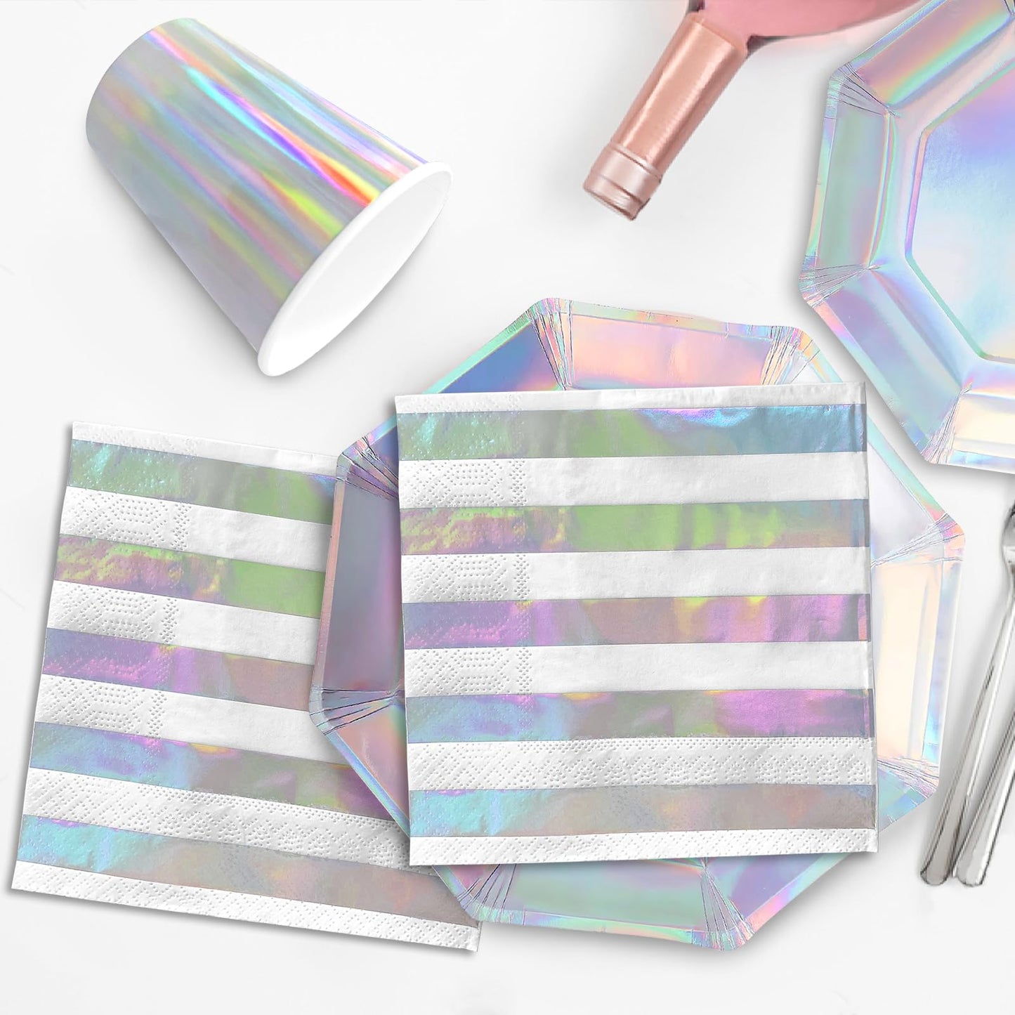 Iridescent Party Supplies - Disposable Paper Plates, Cups, Napkins, Tablecloth & Banner - Ideal For Mermaid Themed Events & Birt