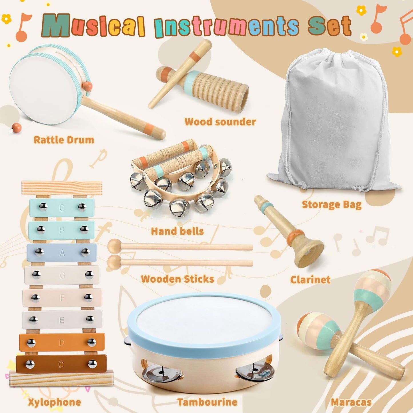 Toddler Musical Instruments-Musical Toys Wooden Montessori Toys For Toddlers 1-3 , Baby Musical Instruments With Modern Boho Xyl