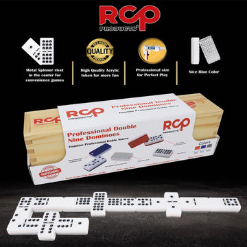 RCP PRODUCTS Double 9 Dominoes Set - 55 Tiles, Acrylic, Medium, Silver, Includes Metal Spinner and Wood Case, Perfect for Adults