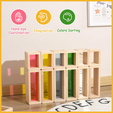Xylolin Large Wooden Building Blocks Set For Toddlers, 36 Pcs Rainbow Big Window Hollow Blocks Set For Kids, Sensory Indoor Wood