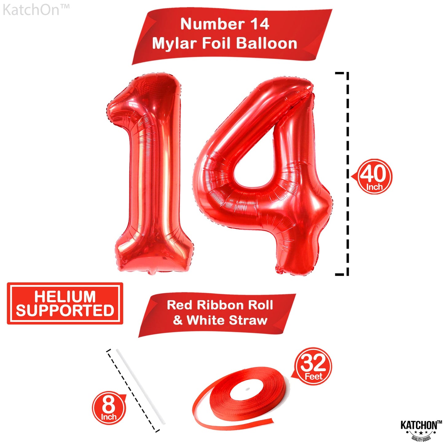 Katchon, Red 14 Balloon Numbers - Giant, 40 Inch | Number 14 Balloons | 14 Birthday Balloons For Boys, 14Th Birthday Decorations For Boys | 14 Number Balloons For 14 Year Old Birthday Decorations