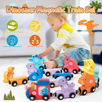 Toddler Boy Toys Age 1-3, Dinosaur Toy Wooden Magnetic Train Set With Playmat/Storage Bag For Baby Boy Birthday, Montessori Educ