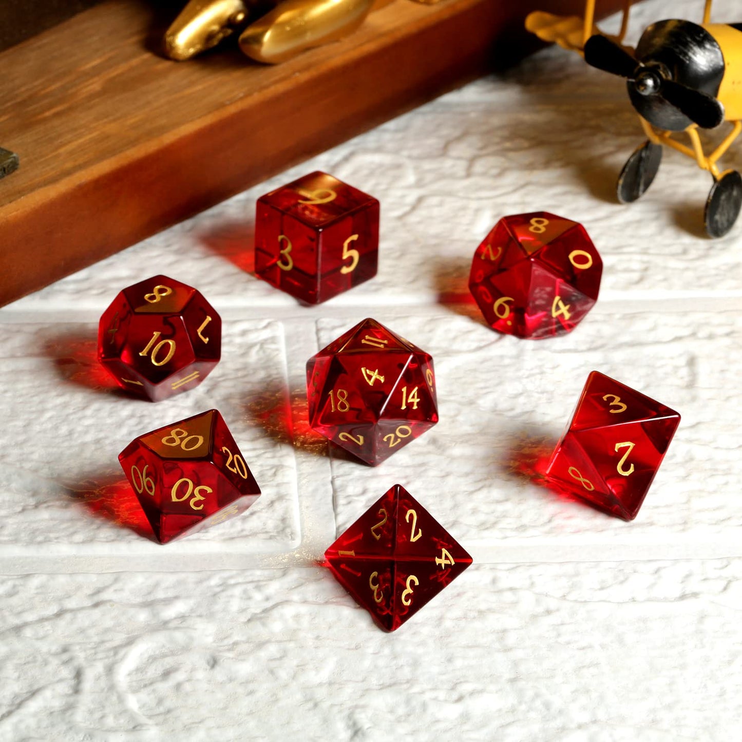 DNDND Glass Dice Set D&D 7 Piece Red Zircon Dice with Great Gift Box for DND Dungeons and Dragon Tabletop Game (Red Glass with G