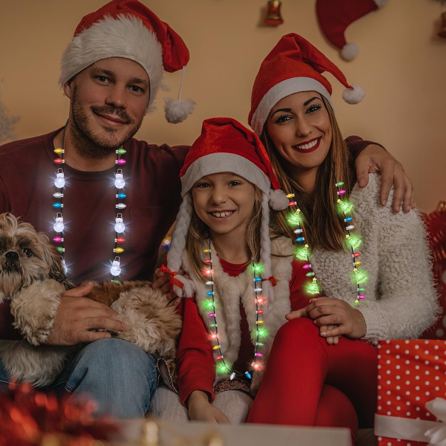 24PCS Christmas Party Supplies, Colorful Light Up Christmas Necklace, Christmas Accessories Santa Claus Bulbs, 3 Modes Christmas